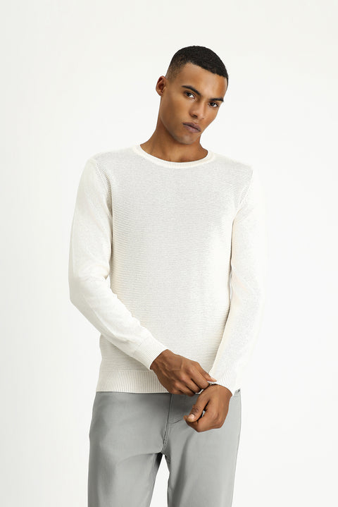 Ekru Bisiklet Yaka Regular Fit Desenli Pamuklu Triko Kazak