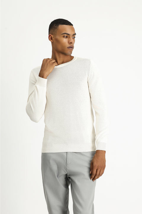 Ekru Bisiklet Yaka Regular Fit Desenli Pamuklu Triko Kazak