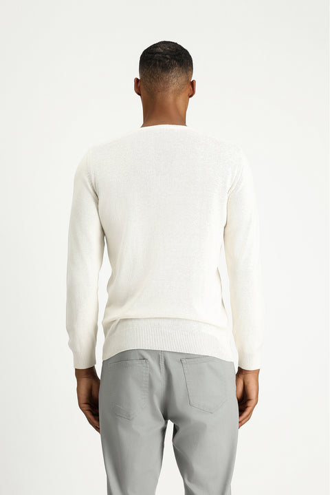 Ekru Bisiklet Yaka Regular Fit Desenli Pamuklu Triko Kazak