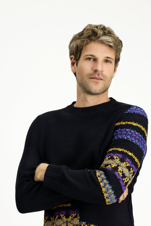 Koyu Lacivert Bisiklet Yaka Regular Fit Desenli Pamuklu Triko Kazak