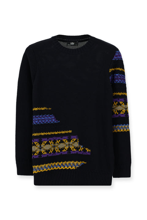 Koyu Lacivert Bisiklet Yaka Regular Fit Desenli Pamuklu Triko Kazak