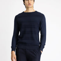 Koyu Lacivert Bisiklet Yaka Regular Fit Çizgili Pamuklu Triko Kazak