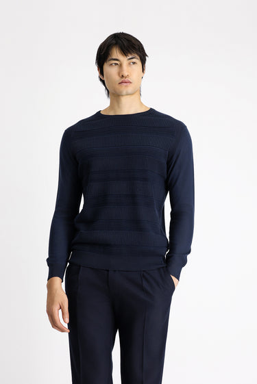 Koyu Lacivert Bisiklet Yaka Regular Fit Çizgili Pamuklu Triko Kazak