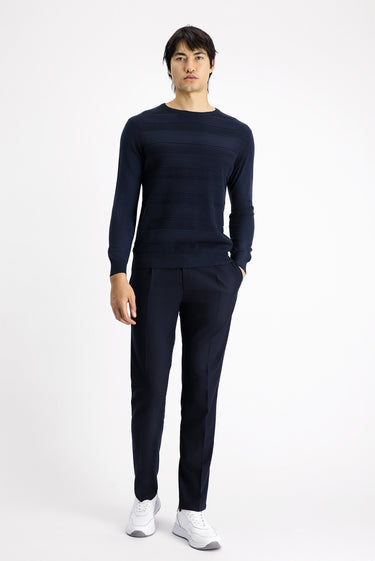 Koyu Lacivert Bisiklet Yaka Regular Fit Çizgili Pamuklu Triko Kazak