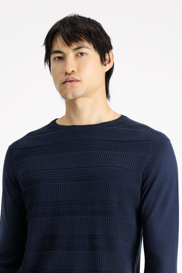 Koyu Lacivert Bisiklet Yaka Regular Fit Çizgili Pamuklu Triko Kazak