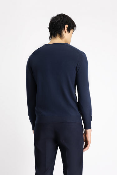 Koyu Lacivert Bisiklet Yaka Regular Fit Çizgili Pamuklu Triko Kazak