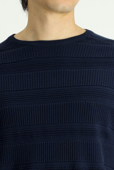 Koyu Lacivert Bisiklet Yaka Regular Fit Çizgili Pamuklu Triko Kazak