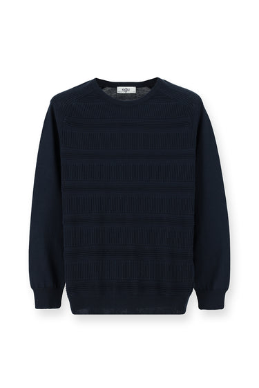 Koyu Lacivert Bisiklet Yaka Regular Fit Çizgili Pamuklu Triko Kazak