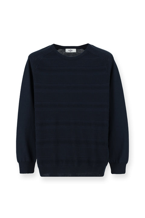 Koyu Lacivert Bisiklet Yaka Regular Fit Çizgili Pamuklu Triko Kazak