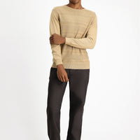 Orta Bej Bisiklet Yaka Regular Fit Çizgili Pamuklu Triko Kazak