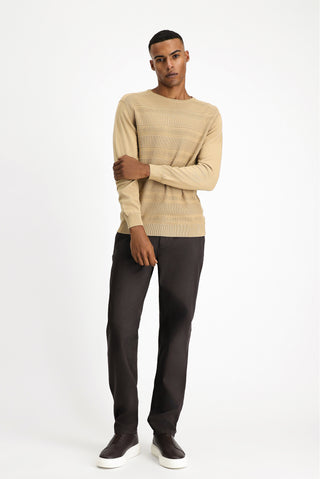  Orta Bej Bisiklet Yaka Regular Fit Çizgili Pamuklu Triko Kazak