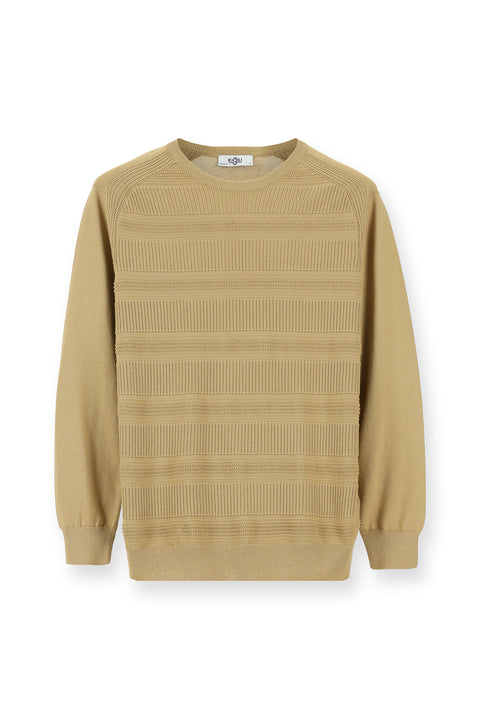 Medium Beige Crew Neck Regular Fit Striped Cotton Knit Sweater