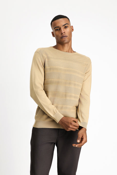 Medium Beige Crew Neck Regular Fit Striped Cotton Knit Sweater