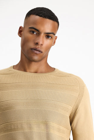  Orta Bej Bisiklet Yaka Regular Fit Çizgili Pamuklu Triko Kazak