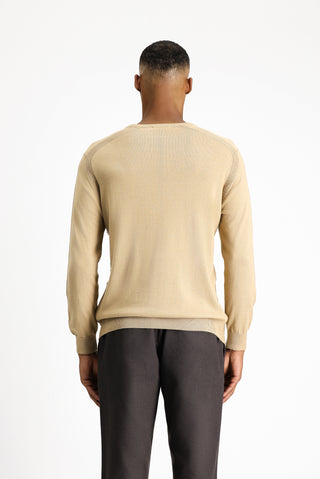  Orta Bej Bisiklet Yaka Regular Fit Çizgili Pamuklu Triko Kazak