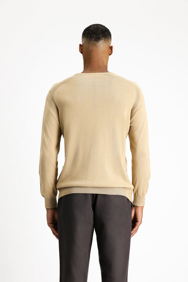  Orta Bej Bisiklet Yaka Regular Fit Çizgili Pamuklu Triko Kazak