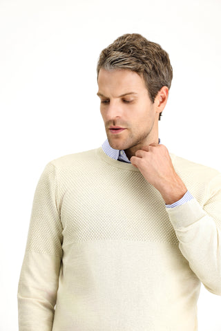  Açık Bej Bisiklet Yaka Slim Fit Dar Kesim Desenli Pamuklu Triko Kazak