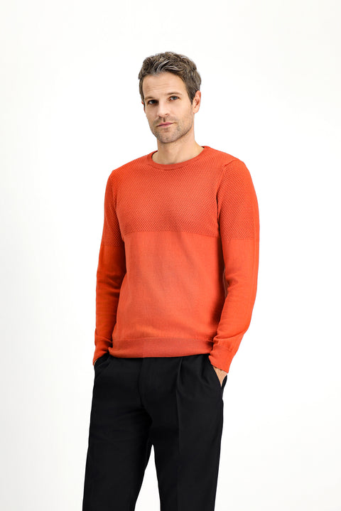 Tile-colored Crew Neck Slim Fit Narrow Cut Patterned Cotton Knit Sweater