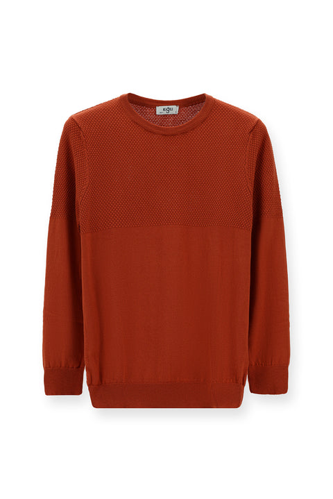 Tile-colored Crew Neck Slim Fit Narrow Cut Patterned Cotton Knit Sweater