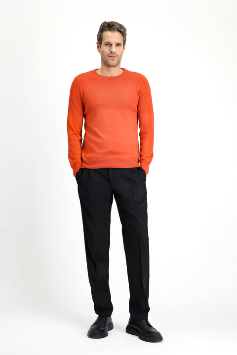 Tile-colored Crew Neck Slim Fit Narrow Cut Patterned Cotton Knit Sweater