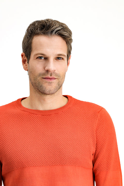 Tile-colored Crew Neck Slim Fit Narrow Cut Patterned Cotton Knit Sweater