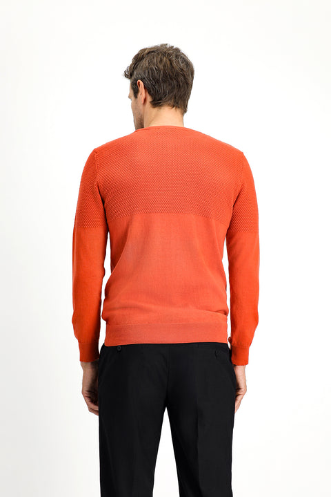 Tile-colored Crew Neck Slim Fit Narrow Cut Patterned Cotton Knit Sweater