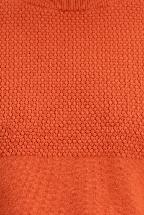 Tile-colored Crew Neck Slim Fit Narrow Cut Patterned Cotton Knit Sweater