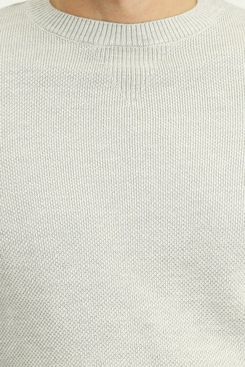 Açık Gri Melanj Bisiklet Yaka Slim Fit Dar Kesim Desenli Pamuklu Triko Kazak