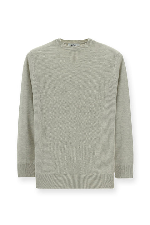 Açık Gri Melanj Bisiklet Yaka Slim Fit Dar Kesim Desenli Pamuklu Triko Kazak