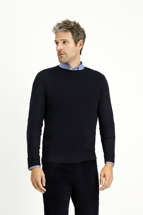 Koyu Lacivert Bisiklet Yaka Slim Fit Dar Kesim Desenli Pamuklu Triko Kazak