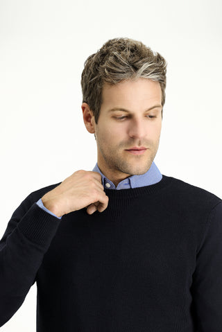  Koyu Lacivert Bisiklet Yaka Slim Fit Dar Kesim Desenli Pamuklu Triko Kazak