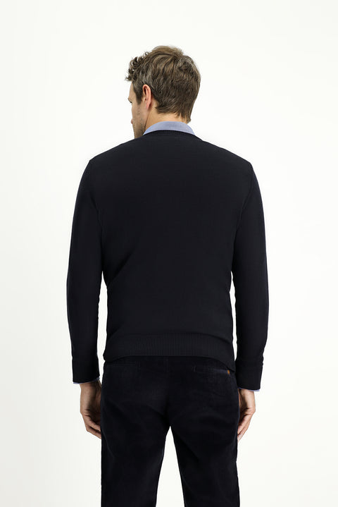 Koyu Lacivert Bisiklet Yaka Slim Fit Dar Kesim Desenli Pamuklu Triko Kazak