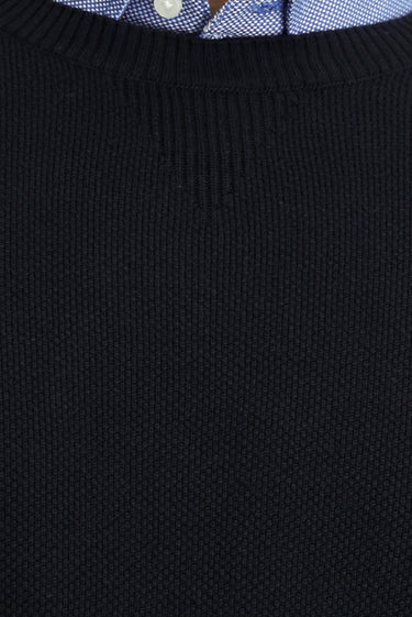 Koyu Lacivert Bisiklet Yaka Slim Fit Dar Kesim Desenli Pamuklu Triko Kazak