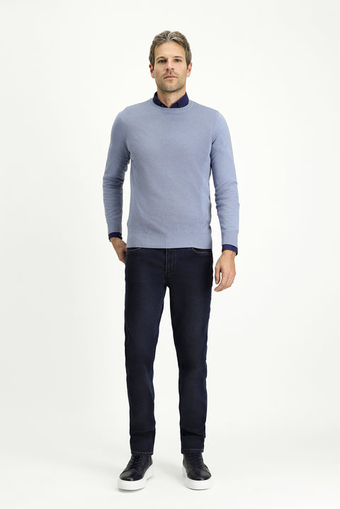 Havacı Mavi Bisiklet Yaka Slim Fit Dar Kesim Desenli Pamuklu Triko Kazak