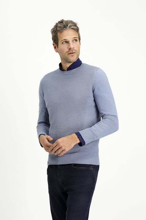 Havacı Mavi Bisiklet Yaka Slim Fit Dar Kesim Desenli Pamuklu Triko Kazak