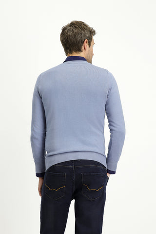  Havacı Mavi Bisiklet Yaka Slim Fit Dar Kesim Desenli Pamuklu Triko Kazak