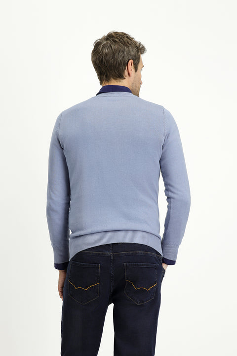 Havacı Mavi Bisiklet Yaka Slim Fit Dar Kesim Desenli Pamuklu Triko Kazak