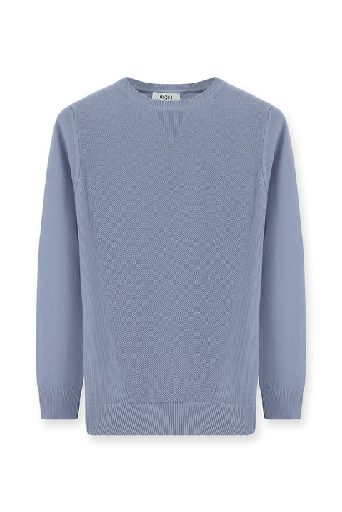 Havacı Mavi Bisiklet Yaka Slim Fit Dar Kesim Desenli Pamuklu Triko Kazak