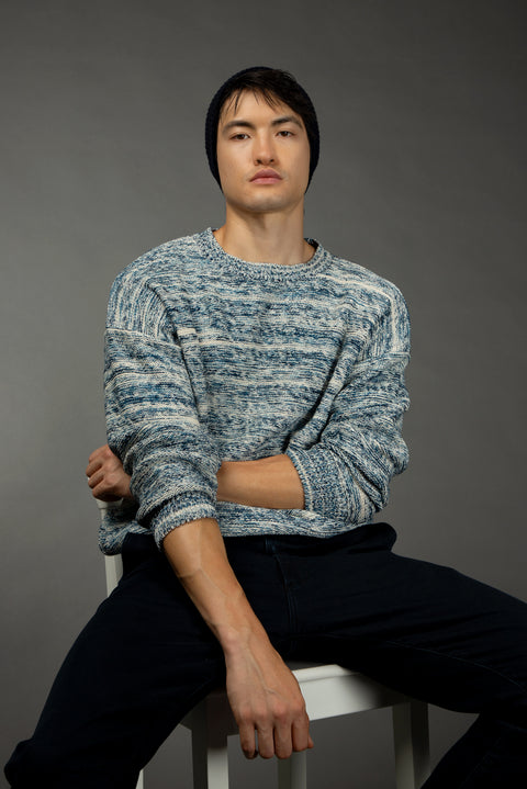 Açık Mavi Bisiklet Yaka Oversize Desenli Pamuklu Triko Kazak