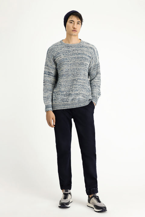 Açık Mavi Bisiklet Yaka Oversize Desenli Pamuklu Triko Kazak