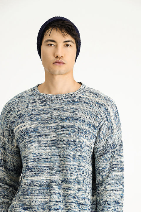 Açık Mavi Bisiklet Yaka Oversize Desenli Pamuklu Triko Kazak