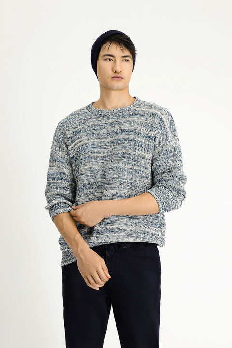 Açık Mavi Bisiklet Yaka Oversize Desenli Pamuklu Triko Kazak