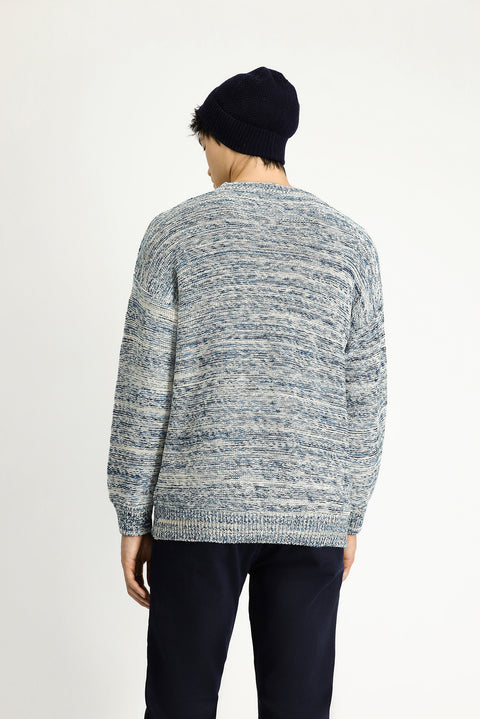 Açık Mavi Bisiklet Yaka Oversize Desenli Pamuklu Triko Kazak