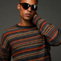 Çok Renkli Bisiklet Yaka Oversize Çizgili Yünlü Triko Kazak