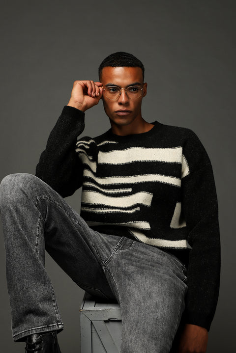 Siyah Bisiklet Yaka Oversize Desenli Yünlü Triko Kazak