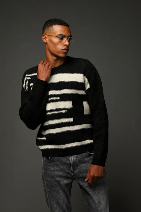 Siyah Bisiklet Yaka Oversize Desenli Yünlü Triko Kazak