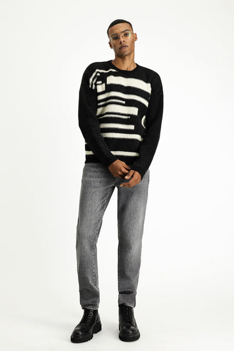 Siyah Bisiklet Yaka Oversize Desenli Yünlü Triko Kazak