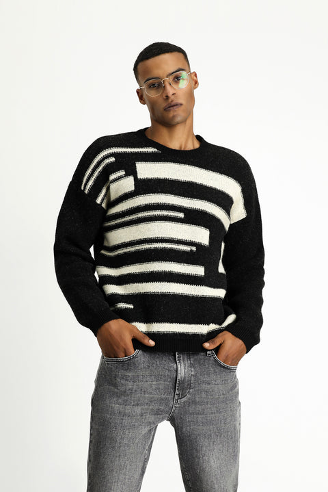 Siyah Bisiklet Yaka Oversize Desenli Yünlü Triko Kazak