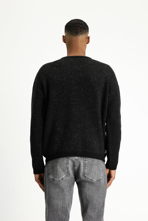 Siyah Bisiklet Yaka Oversize Desenli Yünlü Triko Kazak