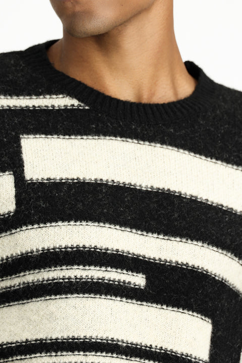 Siyah Bisiklet Yaka Oversize Desenli Yünlü Triko Kazak